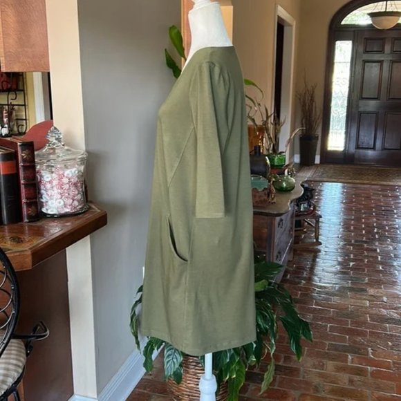 EILEEN FISHER Green Organic cotton Pocketed 3/4 Sleeve V Neck Shift Dress szPM - Picture 9 of 14